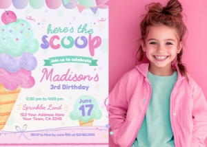 Ice Cream Invitation with photo (Pink, purple, turquoise) - www.printerfairy.com design preview