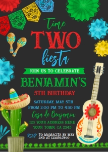 Fiesta Second Birthday Invitation (Red & Black, 5x7) - www.printerfairy.com design preview
