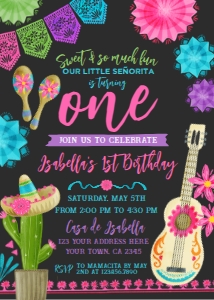 Fiesta Firsth Birthday Invitation (Pink & Black) - www.printerfairy.com design preview