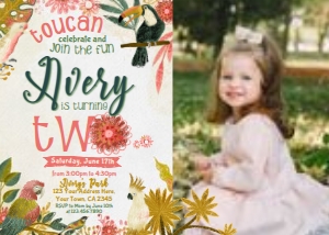 Tropical Birds Second Birthday Invitation with photo (yellow, red, green) - www.printerfairy.com design preview