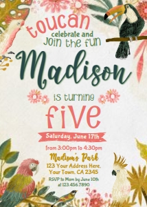 Tropical Birds Birthday Invitation (yellow, red, green) - www.printerfairy.com design preview
