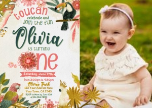 Tropical Birds First Birthday Invitation with photo (yellow, red, green) - www.printerfairy.com design preview