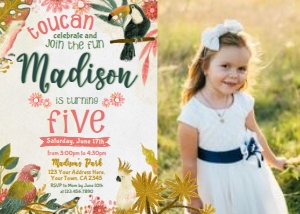 Tropical Birds Birthday Invitation with photo (yellow, red, green) - www.printerfairy.com design preview