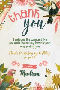 Tropical Birds Thank You Cards (yellow, red, green) - www.printerfairy.com design preview