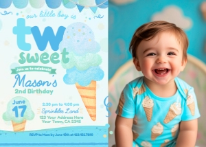 Ice Cream Second Birthday Invitation with Photo (blue, green, turquoise) - www.printerfairy.com design preview