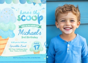 Ice Cream Birthday Invitation with photo (blue, green, turquoise) - www.printerfairy.com design preview