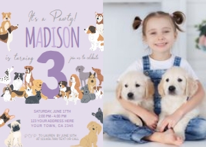 Puppies Birthday Invitation with Photo (Purple, 7x5) - www.printerfairy.com design preview
