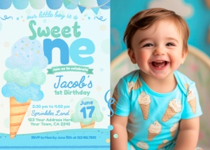 Ice Cream First Birthday Invitation with photo (blue, green, turquoise) - www.printerfairy.com design preview