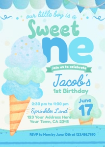 Ice Cream First Birthday Invitation (blue, green, turquoise) - www.printerfairy.com design preview