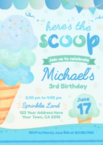 Ice Cream Birthday Invitation (blue, green, turquoise) - www.printerfairy.com design preview