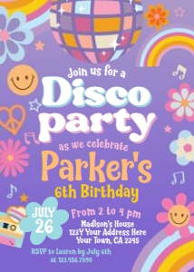 Disco Dance Birthday Invitation (Purple) - www.printerfairy.com design preview
