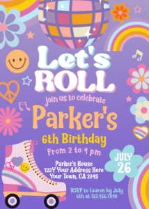 Disco Dance Rollerskate Birthday Invitation (Purple) - www.printerfairy.com design preview