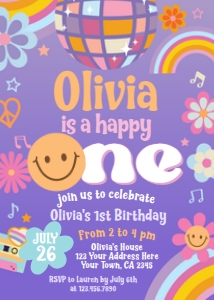 Disco Dance 1st Birthday Invitation (Purple) - www.printerfairy.com design preview