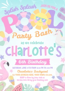 Pool Party Pastels Birthday Invitation (pink, purple, green) - www.printerfairy.com design preview