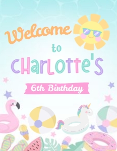 Pool Party Pastels Birthday Welcome Sign (pink, purple, green) - www.printerfairy.com design preview