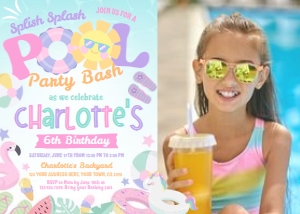 Pool Party Pastels Invitation with photo (pink, purple, green) - www.printerfairy.com design preview