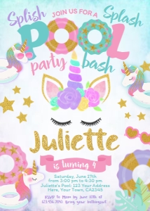 Pool Party Unicorn Birthday Invitation (pink, purple) - www.printerfairy.com design preview