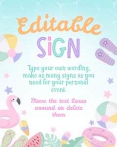 Pool Party Pastels Editable Sign (pink, purple, green) - www.printerfairy.com design preview
