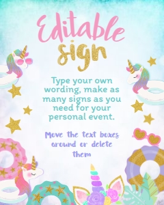 Pool Party Unicorn Editable Sign (pink, purple) - www.printerfairy.com design preview