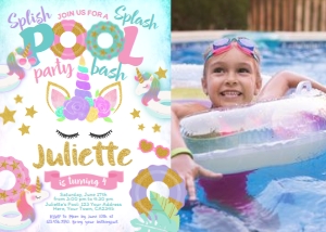 Pool Party Unicorn Invitation with photo (pink, purple) - www.printerfairy.com design preview
