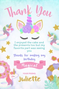 Pool Party Unicorn Thank You Card (pink, purple) - www.printerfairy.com design preview
