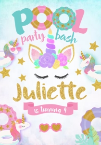 Pool Party Unicorn Drink Pouch Label (pink, purple) - www.printerfairy.com design preview