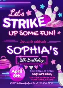 Bowling Invitation (pink-purple) - www.printerfairy.com: Bowling Invitation (pink-purple) - www.printerfairy.com
