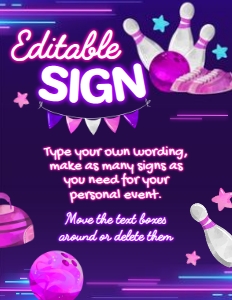 Bowling Editable Sign 8.5x11 (pink-purple) - www.printerfairy.com: Bowling Editable Sign (pink-purple) - www.printerfairy.com