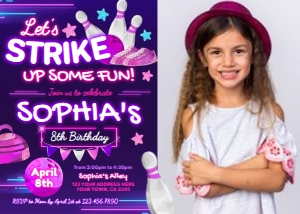 Bowling Invitation with photo (pink-purple) - www.printerfairy.com: Bowling Invitation with photo (pink-purple) - www.printerfairy.com