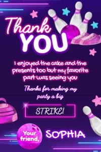 Bowling Thank You Card (pink-purple) - www.printerfairy.com: Bowling Thank You Card (pink-purple) - www.printerfairy.com