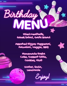 Bowling Menu (pink-purple) - www.printerfairy.com: Bowling Menu (pink-purple) - www.printerfairy.com