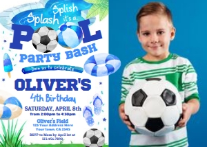Pool Party Soccer Invitation with photo (blue) - www.printerfairy.com design preview