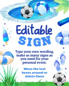 Pool Party Soccer Editable Sign (blue) - www.printerfairy.com design preview