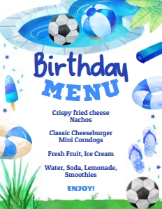 Pool Party Soccer Birthday Menu (blue) - www.printerfairy.com design preview