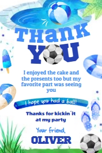 Pool Party Soccer Thank You Card (blue) - www.printerfairy.com design preview