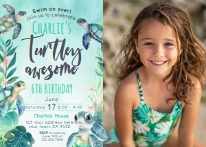 Turtle Birthday Invitation with photo (Green Blue) - www.printerfairy.com design preview