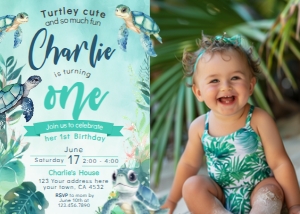 Turtle Invitation One with photo (Green Blue) - www.printerfairy.com design preview