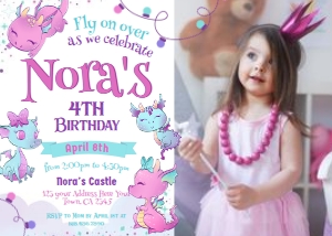Dragon Birthday ALL AGES Invitation with photo (pink-blue) - www.printerfairy.com: Dragon Birthday  Invitation with photo (pink-blue) - www.printerfairy.com