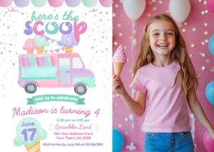 Ice Cream Truck Invitation with photo (pink, purple, green) - www.printerfairy.com: Ice Cream Truck Invitation with photo (pink, purple, green) - www.printerfairy.com