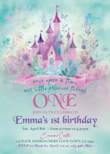 Princess Castle First Birthday Invitation (purple-floral) - www.printerfairy.com design preview