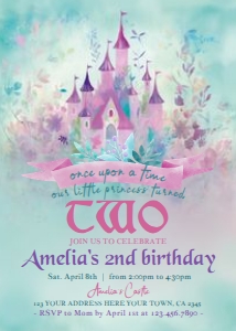Princess Castle Birthday TWO Invitation (purple-floral) - www.printerfairy.com design preview