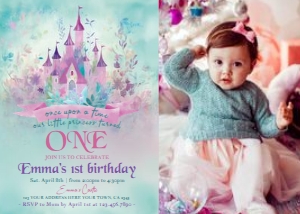 Princess Castle First Birthday Invitation with photo (purple-floral) - www.printerfairy.com design preview