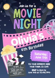 Movie Night Birthday Invitation (Pink) - www.printerfairy.com design preview