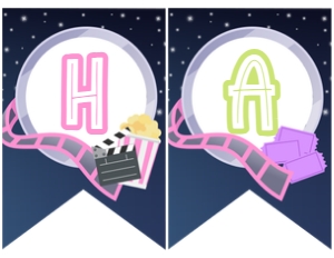 Movie_Night Happy Birthday Banner (Pink) - www.printerfairy.com design preview