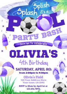 Pool Party Soccer Invitation (purple) - www.printerfairy.com design preview