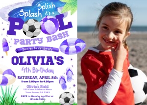 Pool Party Soccer Invitation with photo (purple) - www.printerfairy.com design preview