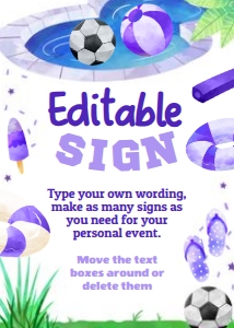 Pool Party Soccer Editable Sign (purple) - www.printerfairy.com design preview