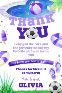 Pool Party Soccer Thank You Card (purple) - www.printerfairy.com design preview