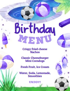 Pool Party Soccer Birthday Menu (purple) - www.printerfairy.com design preview