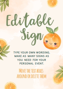 Orange Baby Shower Editable Sign (5x7) - www.printerfairy.com: Orange Baby Shower Activities - www.printerfairy.com